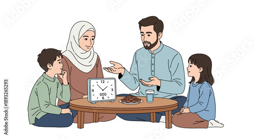 A Muslim family with kids sitting around a table reciting the Koran together in a happy and peaceful atmosphere with a vector illustration style.