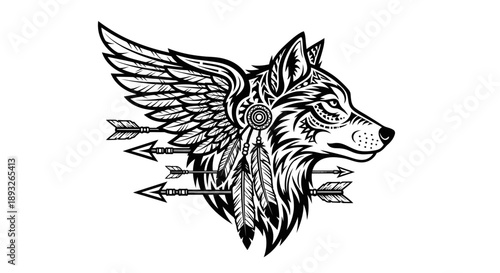 Illustration of a Wolf Head with Wings and Arrows.
