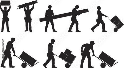 Construction workers silhouettes carrying materials using manual handling tools teamwork labor activities isolated on white background vector illustration