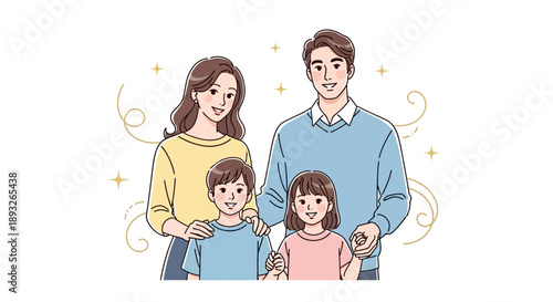 A happy family of four, including a man, woman, and two kids, smiling and standing together in a colorful illustration with a joyful mood against a clean white background.
