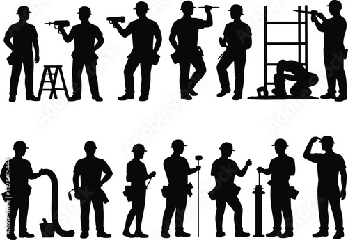 Construction workers silhouettes set, builders using power tools ladders drills hammers, industrial labor teamwork, handyman profession vector illustration