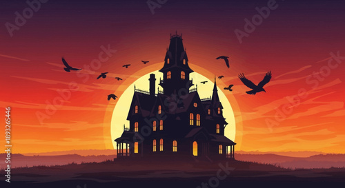 Haunted Mansion Silhouette Against Sunset Sky.