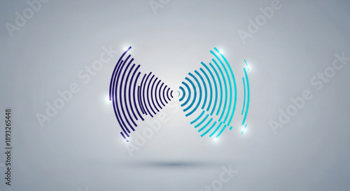 Glowing blue and purple sound waves on gray background audio signal concept
