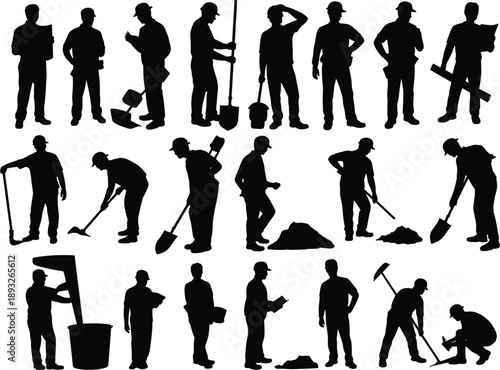 Construction workers silhouettes, hard hats, shovels, pickaxes, blueprints, inspection, teamwork, manual labor, industrial workforce, occupational diversity, safety illustration