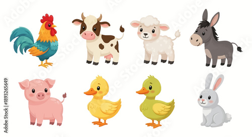 Farm Animals Collection Rooster Cow Sheep Donkey.
