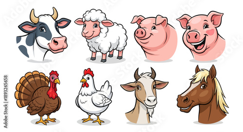 Farm Animals Collection Cow Sheep Pig Turkey.