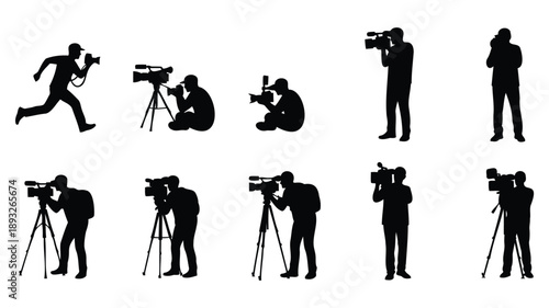 Professional photographer icons set diverse camera poses outdoor studio flat vector illustration