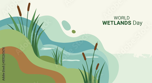 Illustration of a serene wetland landscape with cattails and water for World Wetlands Day, featuring a stylized natural scene with green and brown hues.