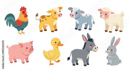 Farm Animals and Rooster Cartoon Characters.