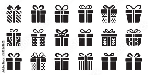 Assorted gift box icons set with various patterns and decorative ribbons silhouettes vector