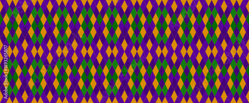Mardi Gras Background in Eclectic Argyle Seamless Vector Pattern. New Orleans Carnival Style Masquerade Backdrop in Purple, Green and Gold Yellow. Pattern Tile Swatch Included.