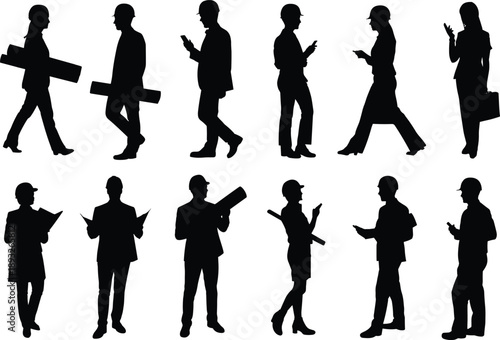 Construction workers silhouettes, engineers, architects, male and female professionals, hard hats, blueprints, teamwork, supervision, industrial workforce, occupational illustration
