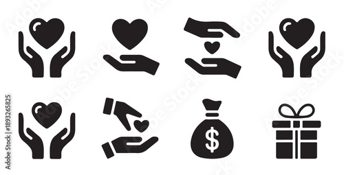 Charity and donation icons set featuring hands holding heart and money bag symbols vector