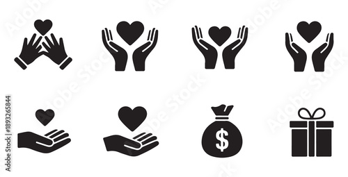 Philanthropy and care icons set with hands holding hearts and currency bag symbols vector