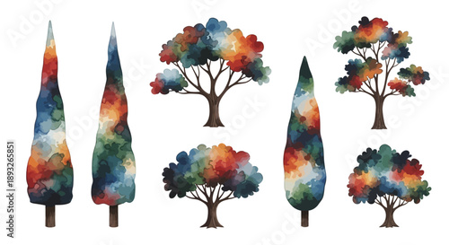 Colorful Watercolor Trees with Vibrant Foliage.