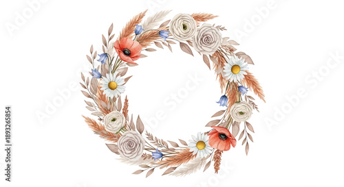 Colorful Wreath with Flowers and Feathers.
