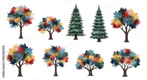 Colorful Trees with Vibrant Foliage and Pine.