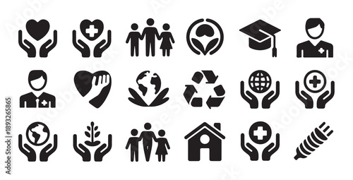 Collection of charity and care icons including hands, heart, family, education, medical, globe