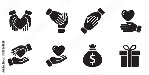 Collection of charity and giving icons featuring hands, hearts, money bag, gift box