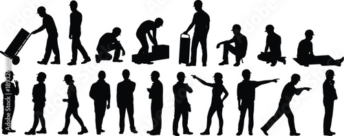 Construction workers silhouettes, laborers, supervisors, teamwork, industrial workforce, safety helmets, warehouse staff, manual tasks, heavy work, logistics, cargo handling, occupational illustration