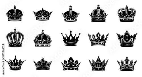 Collection of Various Crown Illustrations Black White.