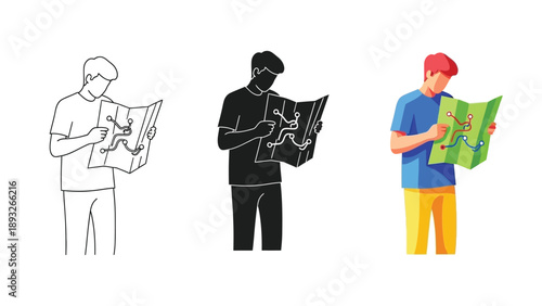 Man looking at map in three styles outline, silhouette, and full color illustration of traveler navigating with paper map