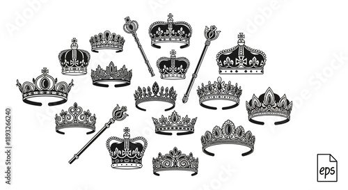 Collection of Royal Crowns and Scepters.