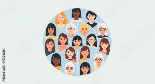 Diverse group of people faces in a circle illustration of various ethnicities and ages on a light blue background symbolizing unity and diversity