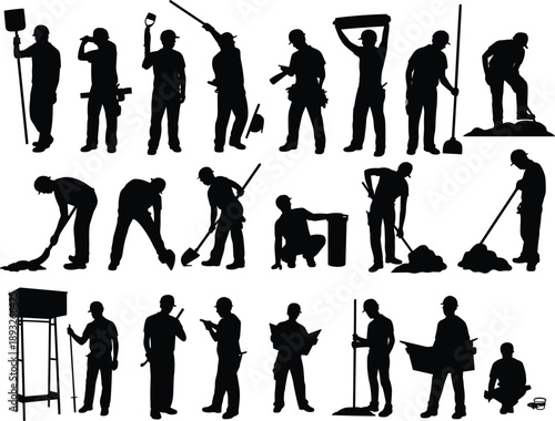 Construction workers silhouettes, manual labor, shovels, hammers, paint rollers, blueprints, teamwork, occupational diversity, industrial workforce, safety illustration, job site tasks