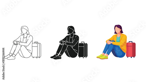 Woman traveler sitting floor with luggage, illustration set of outline, silhouette, and color versions