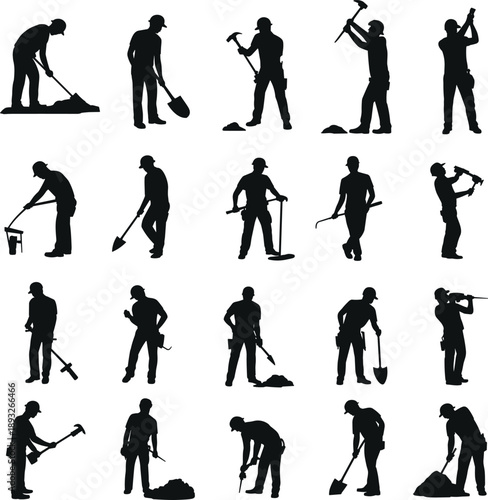 Construction workers silhouettes, manual labor, shovels, jackhammers, drills, hammers, tool carrying, teamwork, occupational diversity, industrial workforce, safety illustration