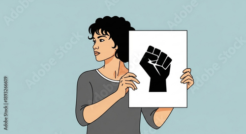 Woman holding protest sign with raised fist demonstrating activism and solidarity on light blue background