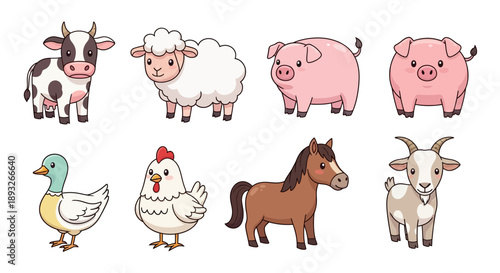 Cartoon Animals Cow Sheep Pig Horse Chicken.