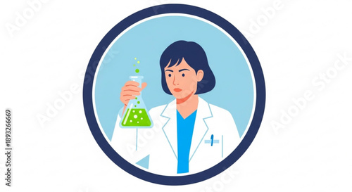 Female scientist in lab coat holding conical flask with green liquid against blue background circular frame professional illustration