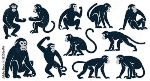 Collection of various monkey and ape silhouettes, showcasing different poses and actions for graphic design