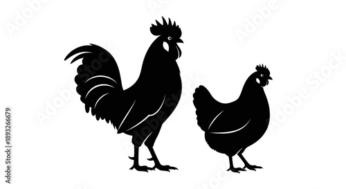 Black Silhouette Rooster and Hen Standing.