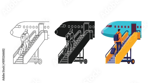 Passenger boarding airplane stairs mobile staircase vector illustration set