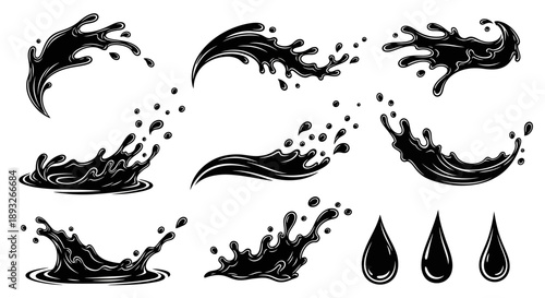 Black Ink Splatters and Droplets Illustration.
