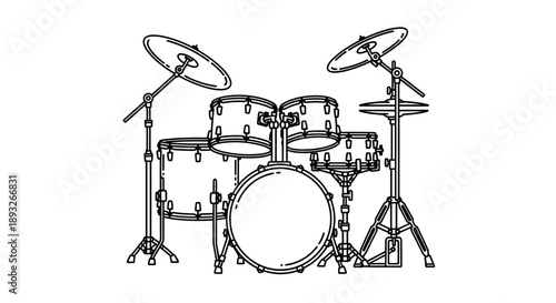 Detailed Outline Drawing of a Complete Drum Kit.