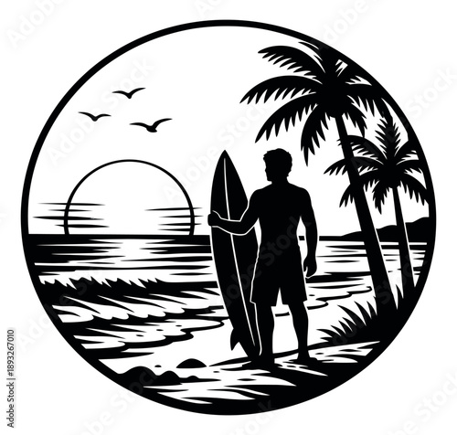 Black silhouette illustration of a surfer depicting a tropical beach at sunset for summer vacation
