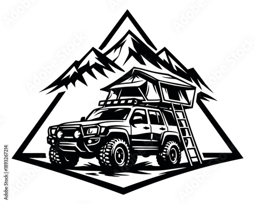 Graphic illustration of an off-road SUV depicting a rooftop tent for outdoor adventure