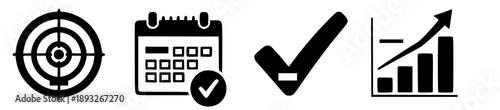 Set of four icons representing gears, a circular process, a network of people, and a drone for technology and business concepts