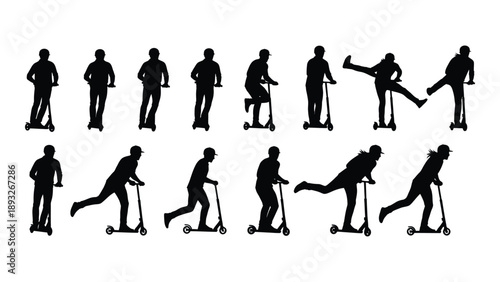 Various silhouettes of people riding scooters Vector