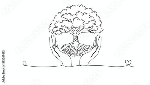 A minimalist line drawing of two hands cradling a tree with a sprawling canopy and roots on World Wetlands Day, against a clean white background with simple line work.