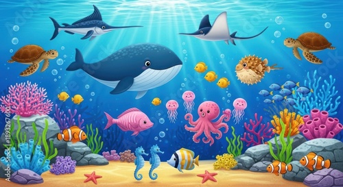 Happy cartoon underwater scene with diverse sea animals and colorful coral