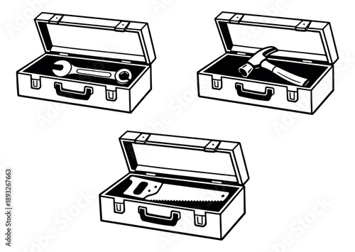 Hand drawn line art tools set featuring a wrench, hammer, and saw in toolboxes for repairs and home improvement