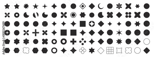 Brutalist abstract geometric shapes with futuristic Y2K graphic icons, collection of stars, sparkles, spheres