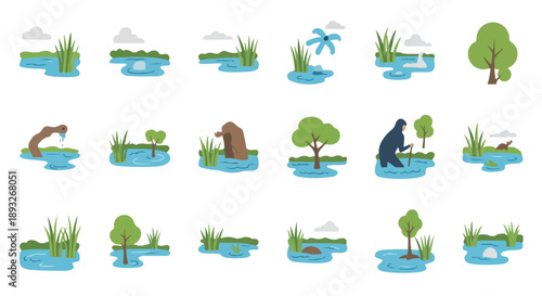 A flat lay of various cartoon-style illustrations depicting wetland ecosystems on World Wetlands Day against a clean white background.