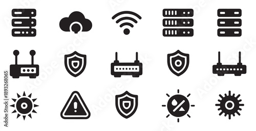 Technology and security symbols with servers routers clouds shields and warning signs
