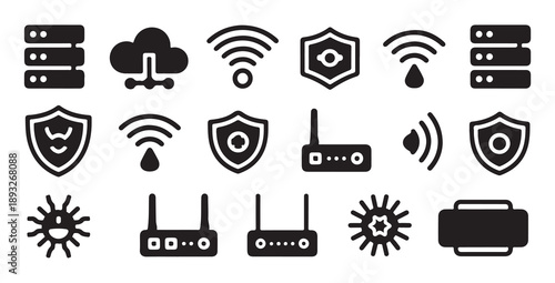 Technology and security icons featuring routers servers clouds shields and bugs